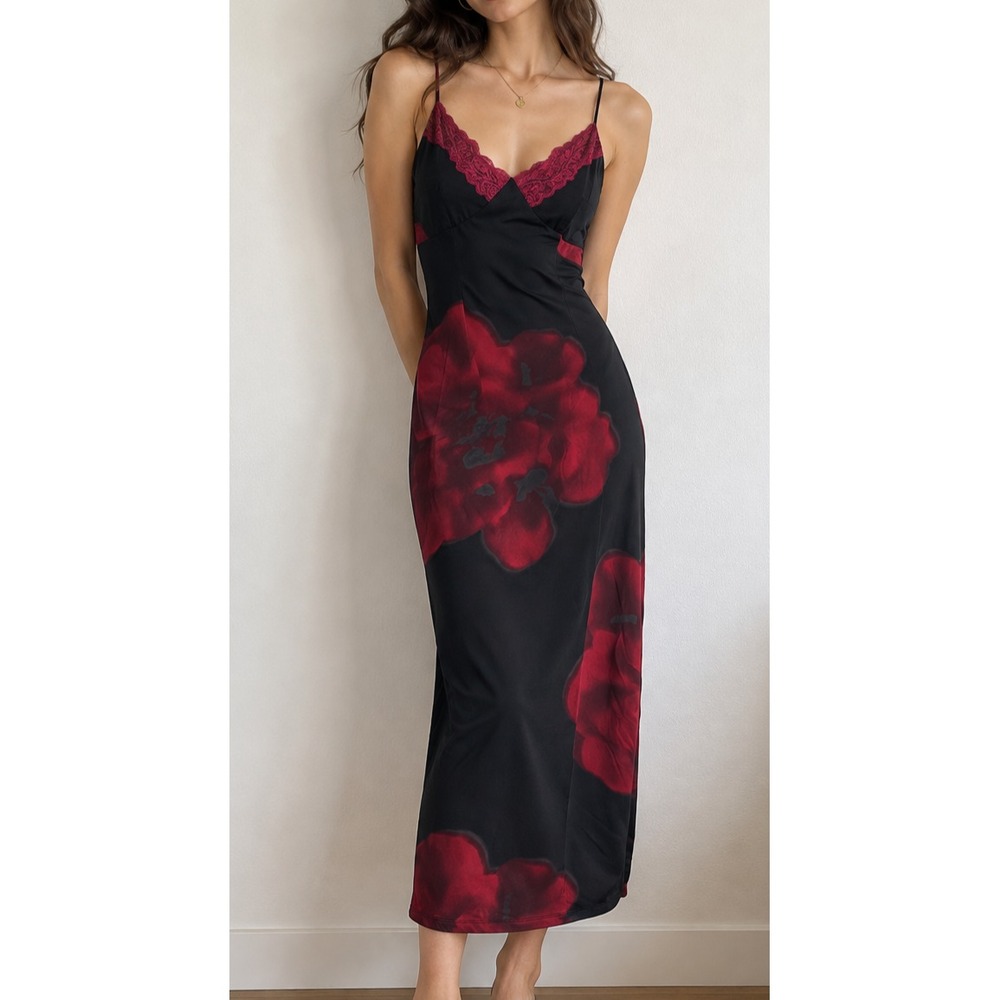 Black Floral Maxi Slip Dress Red Rose Lace Trim 90s Romantic Goth Dark Feminine